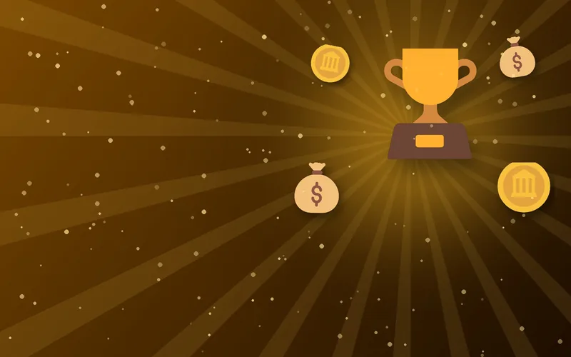 A golden trophy surrounded by coins and money bags