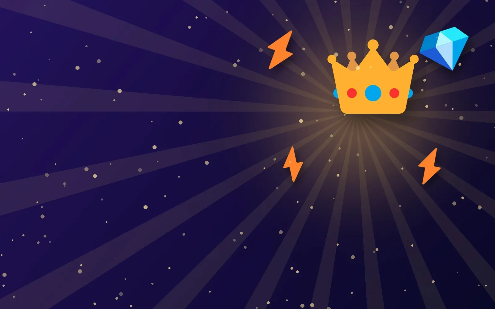 Golden crown, lightning bolts and gems on a purple sky
