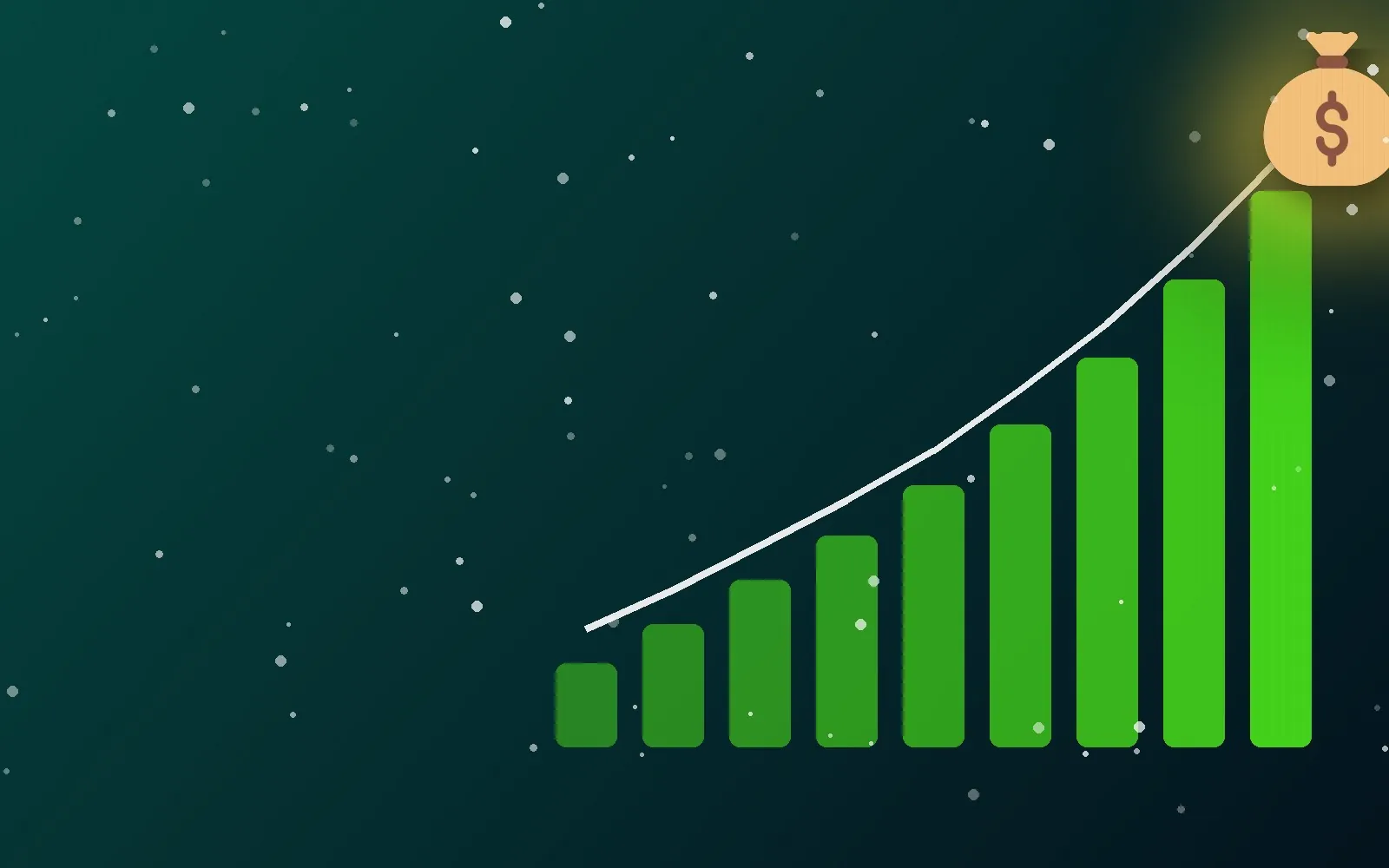 A rising bar chart with a money bag at the top