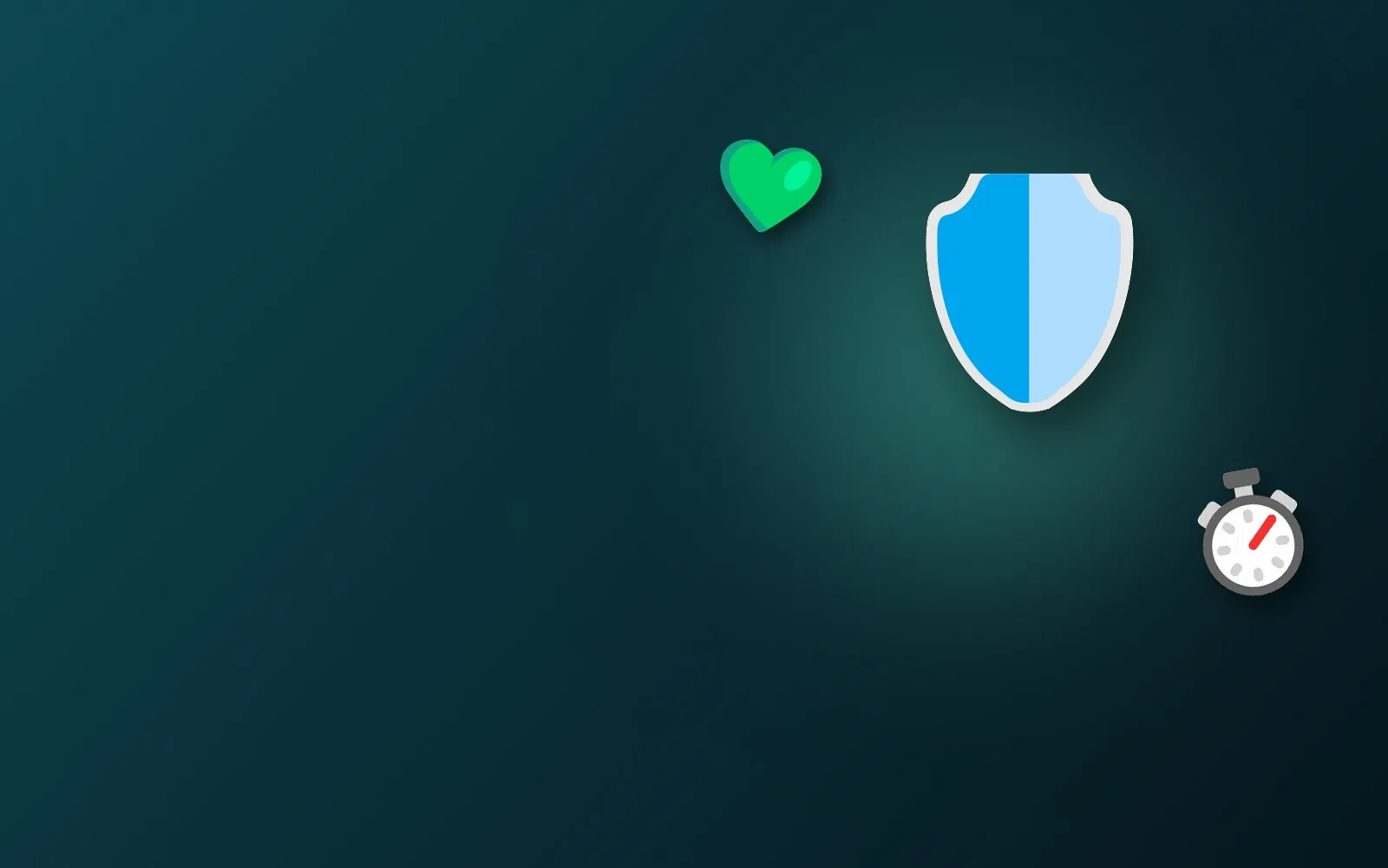 A shield, a stopwatch and a green heart on a calm teal background