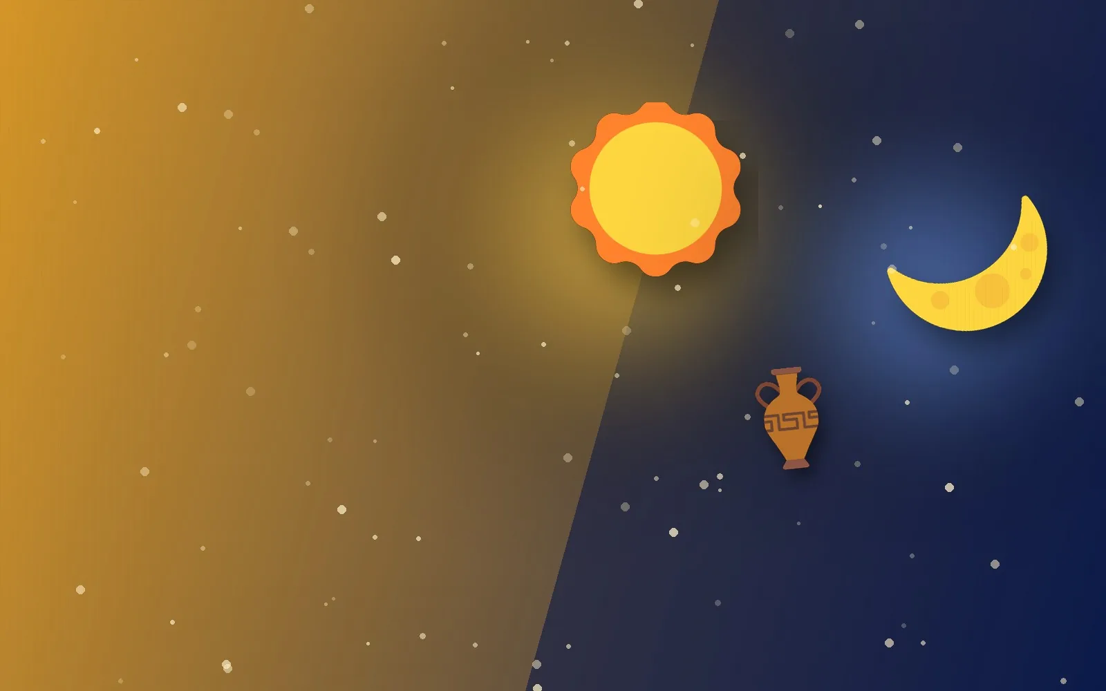 The sun and the moon over an Egyptian vase, split between gold and night blue